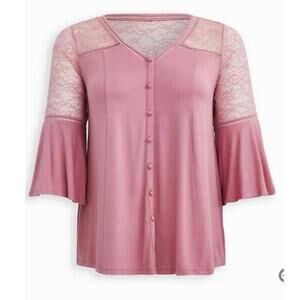 TORRID Blouse Top Plus Size‎ 1X 14-16 Shirt  Pink Lace Girly Bell Sleeve